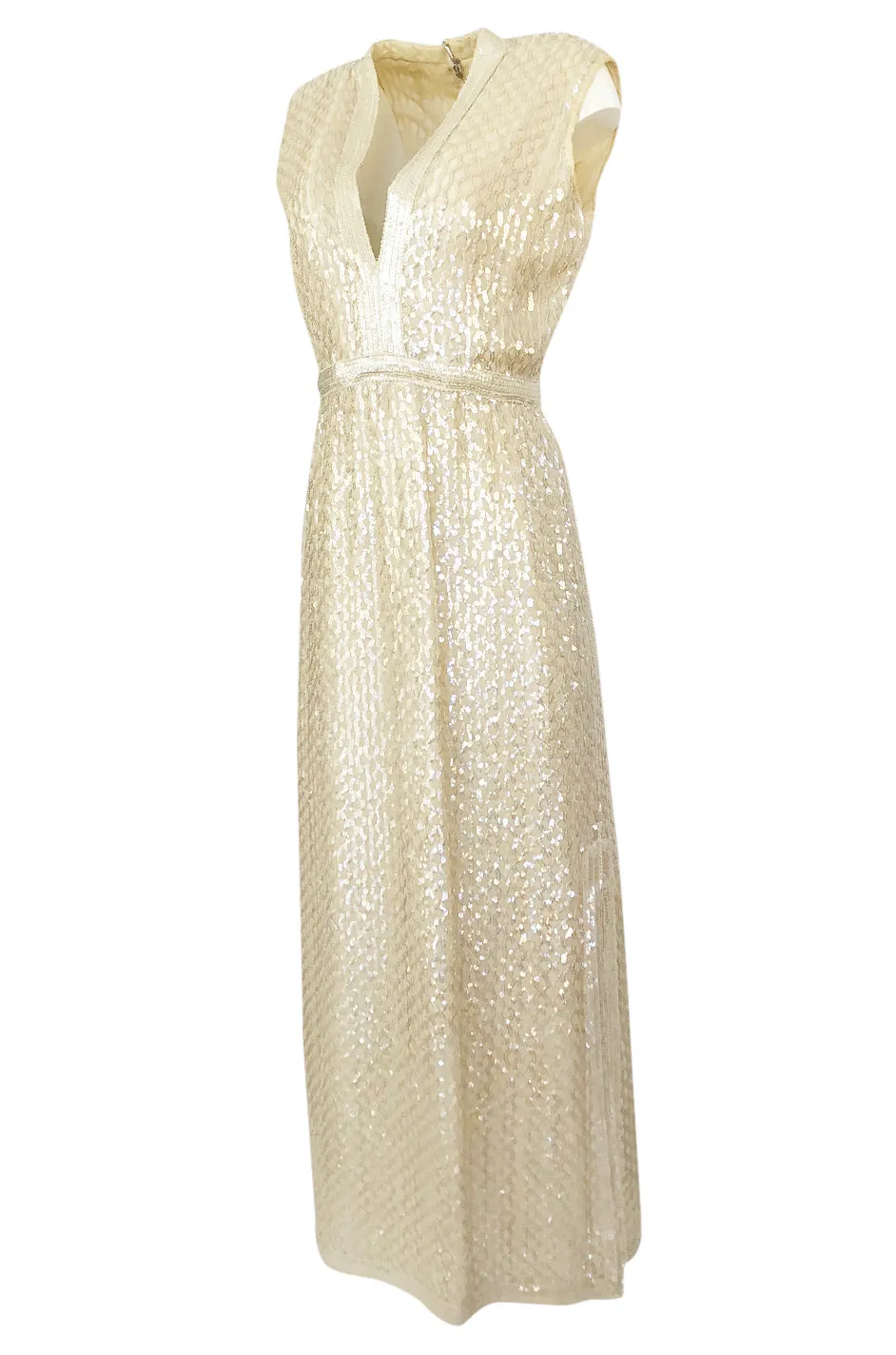 1960s Fred Perlberg Long Ivory Fully Sequinned Plunge Dress