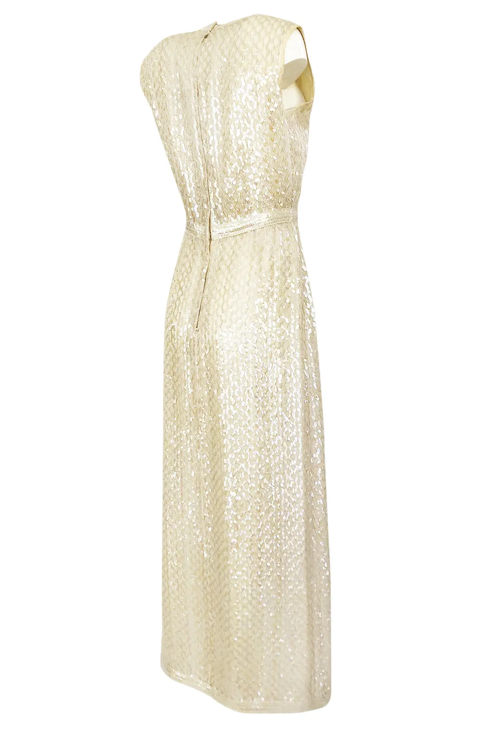 1960s Fred Perlberg Long Ivory Fully Sequinned Plunge Dress