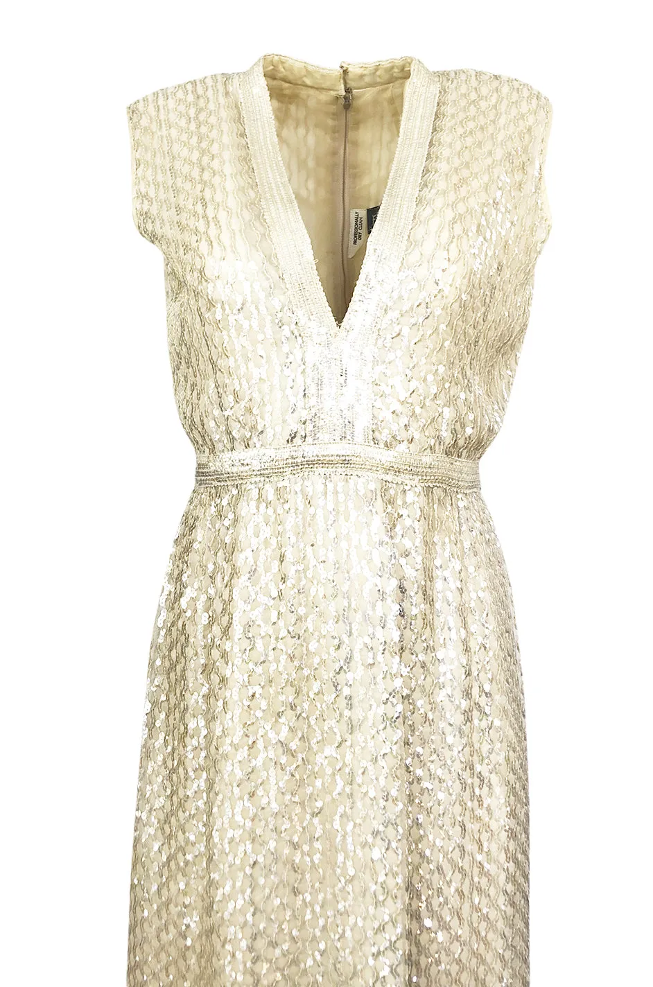 1960s Fred Perlberg Long Ivory Fully Sequinned Plunge Dress