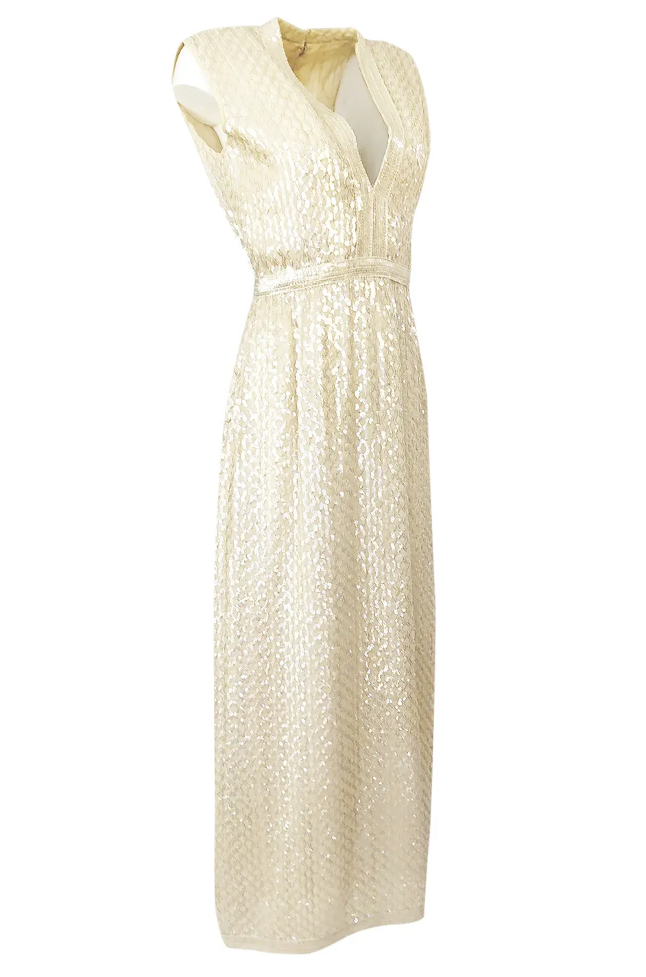 1960s Fred Perlberg Long Ivory Fully Sequinned Plunge Dress