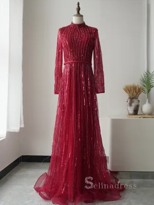 A-line High Neck Long Sleeve Beaded Long Prom Dress luxurious Burgundy Evening Gowns ASB005