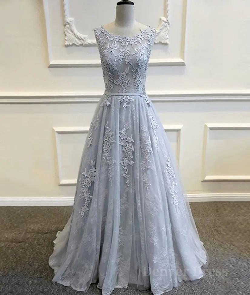 A Line Round Neck Lace Grey Prom Dresses Lace Grey Formal Dresses