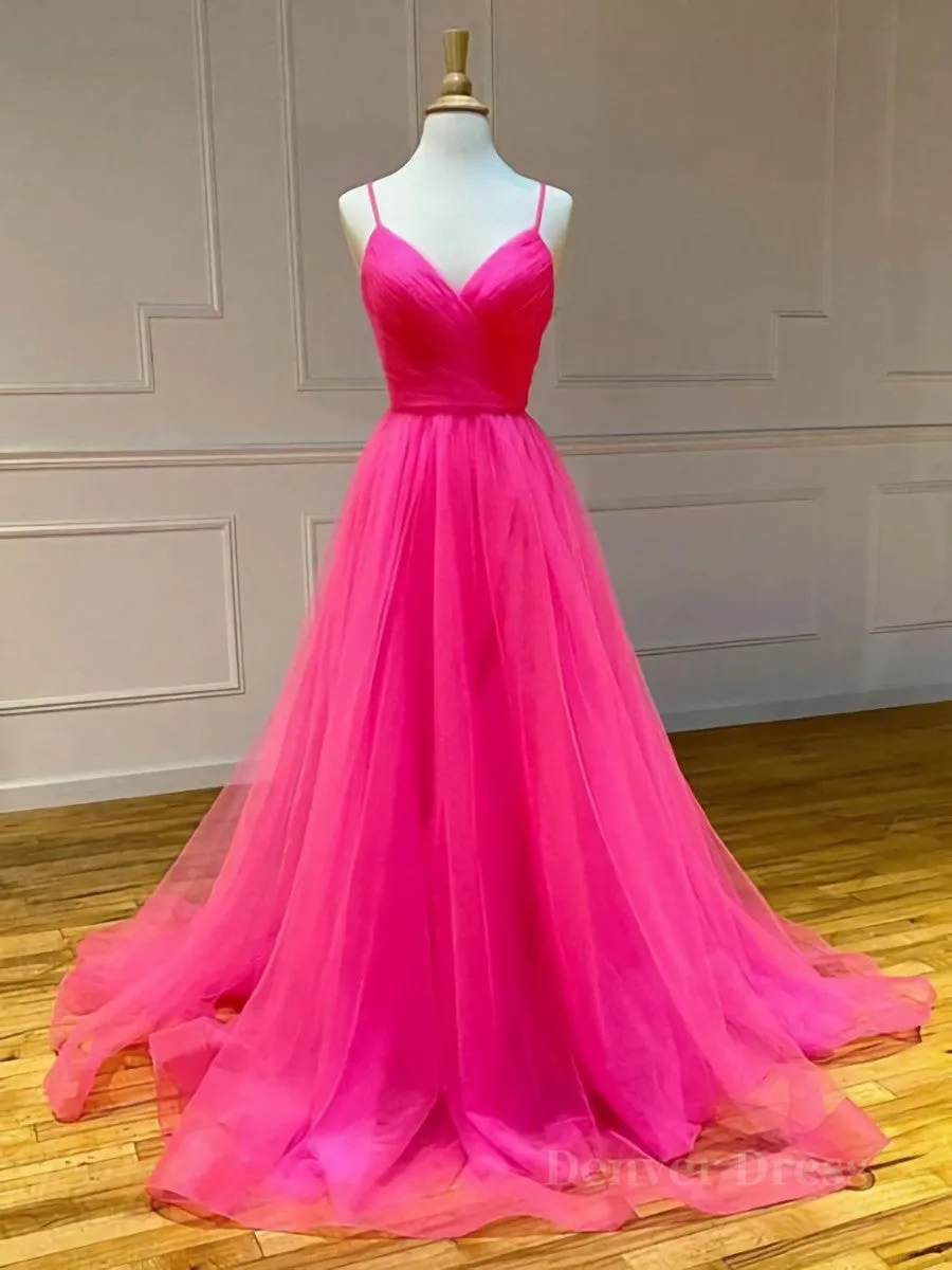 A Line V Neck Hot Pink Long Prom Dresses V Neck Hot Pink Long Formal Evening Dresses