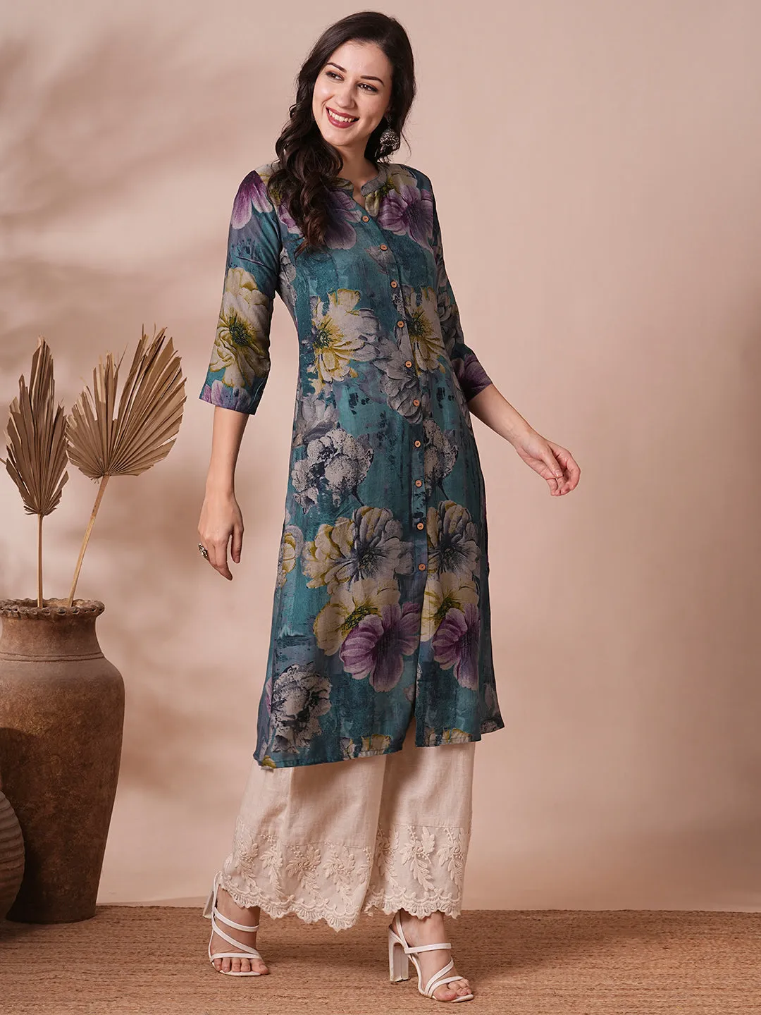 Abstract Floral Printed A-Line Kurta - Blue