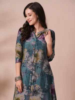 Abstract Floral Printed A-Line Kurta - Blue