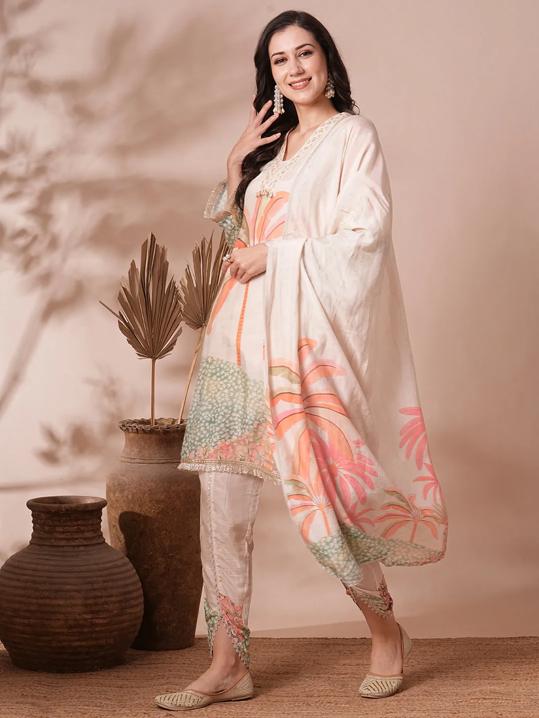 Abstract Floral Printed A-Line Paneled Kurta with Pant and Dupatta - Off White