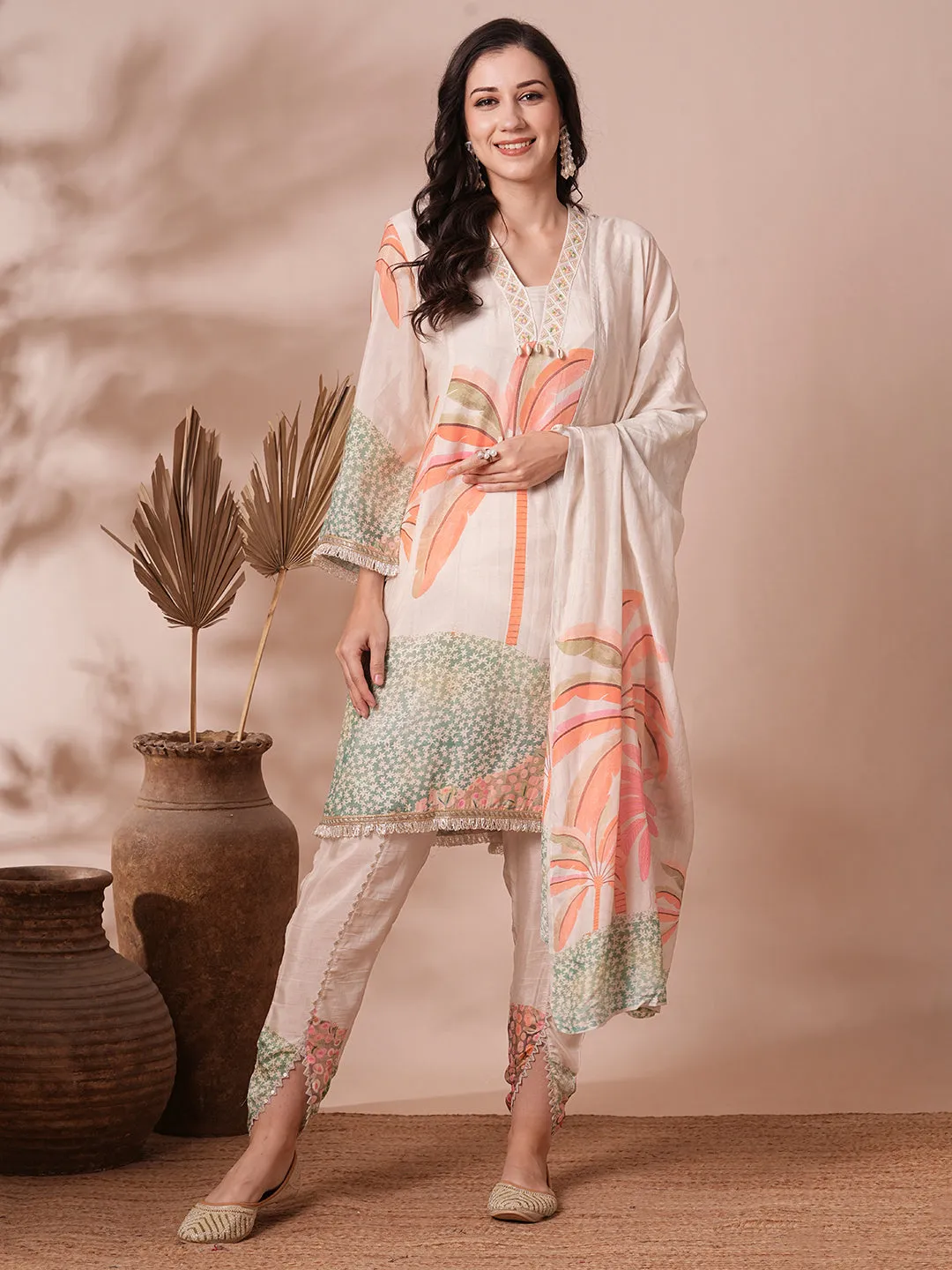 Abstract Floral Printed A-Line Paneled Kurta with Pant and Dupatta - Off White