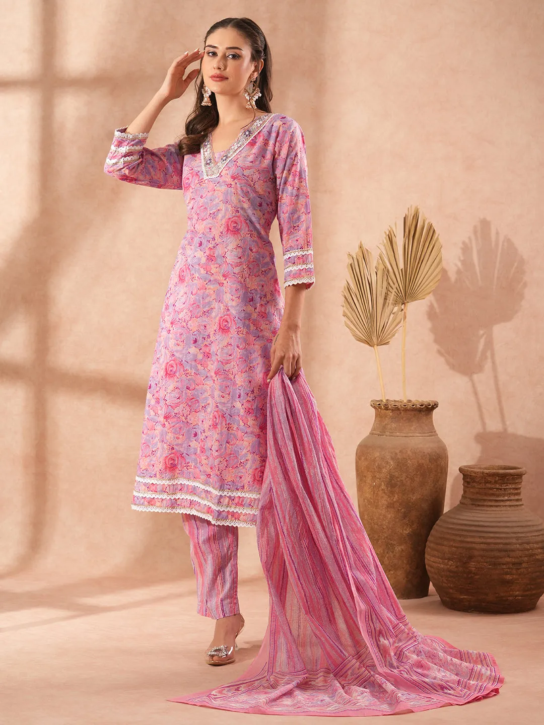 Abstract Floral Printed & Hand Embroidered Straight Fit Kurta with Pant and Dupatta - Lavender