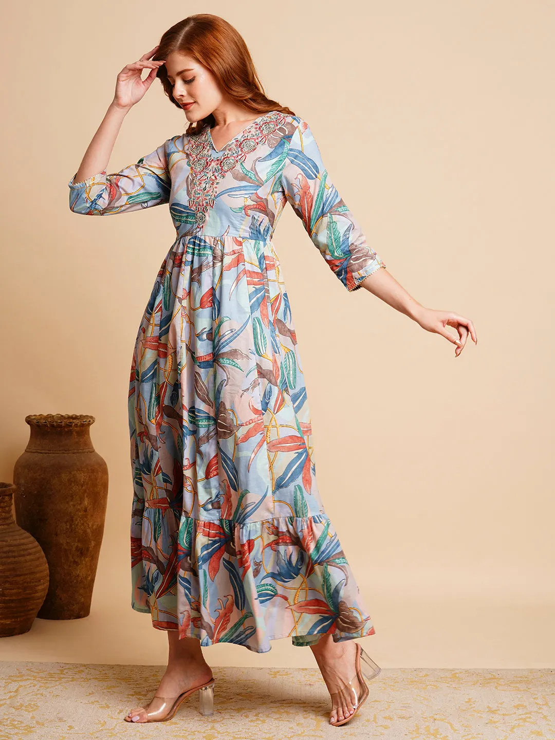 Abstract Floral Printed & Zari Embroidered A-Line Pleated Maxi Dress - Blue