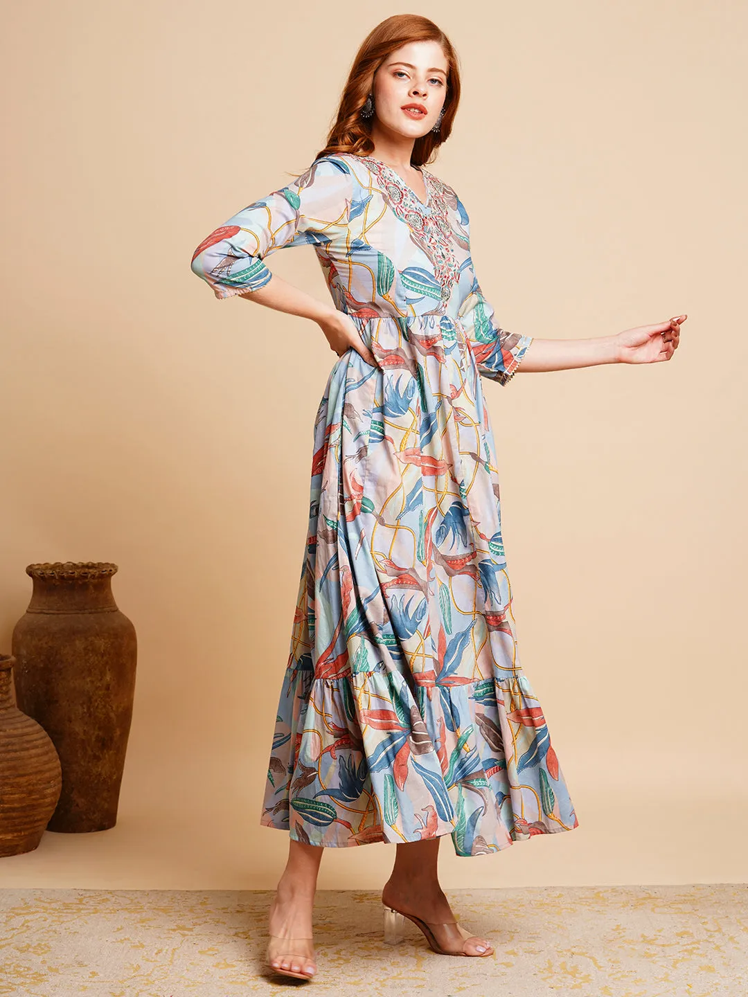 Abstract Floral Printed & Zari Embroidered A-Line Pleated Maxi Dress - Blue