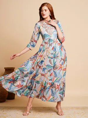 Abstract Floral Printed & Zari Embroidered A-Line Pleated Maxi Dress - Blue