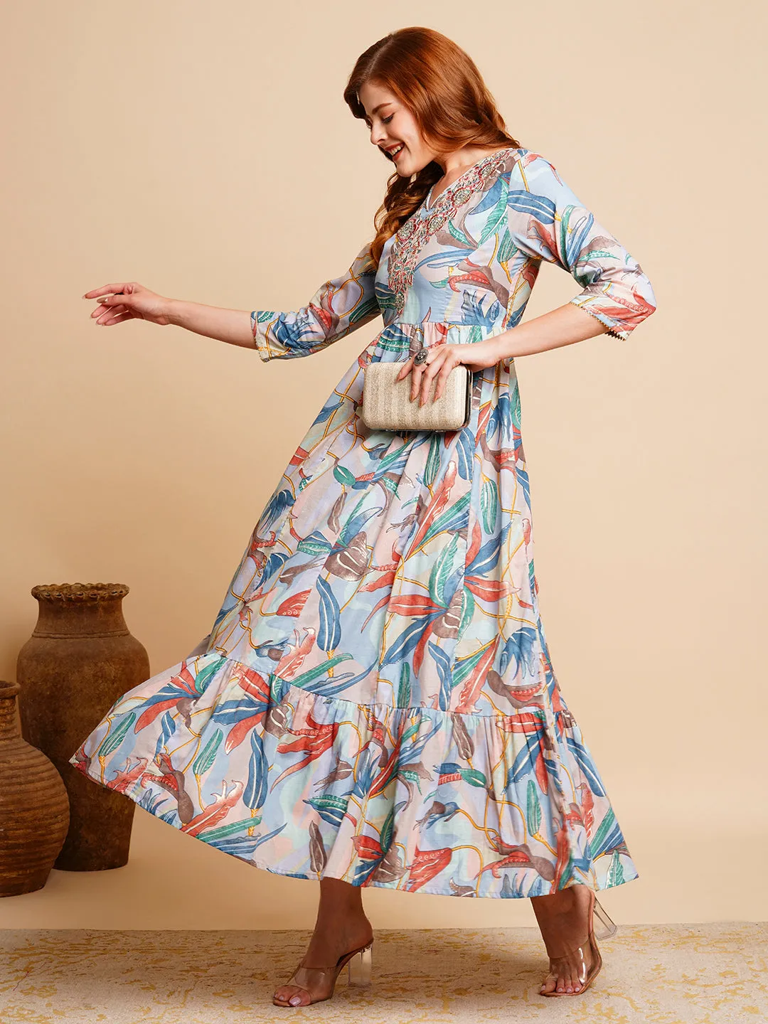 Abstract Floral Printed & Zari Embroidered A-Line Pleated Maxi Dress - Blue