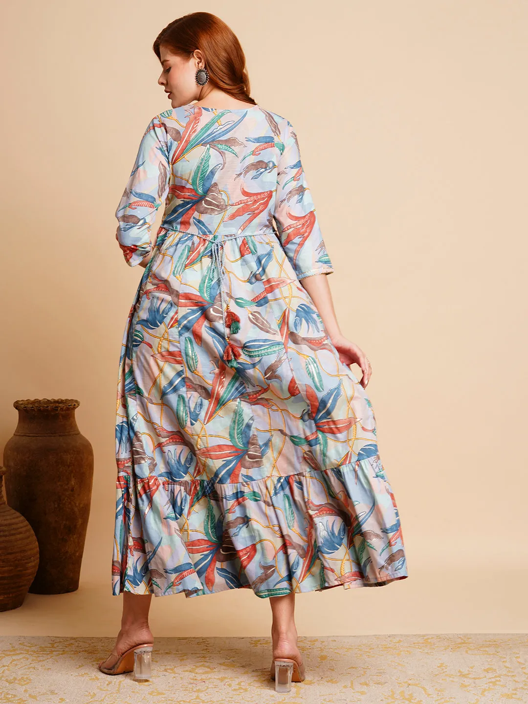 Abstract Floral Printed & Zari Embroidered A-Line Pleated Maxi Dress - Blue