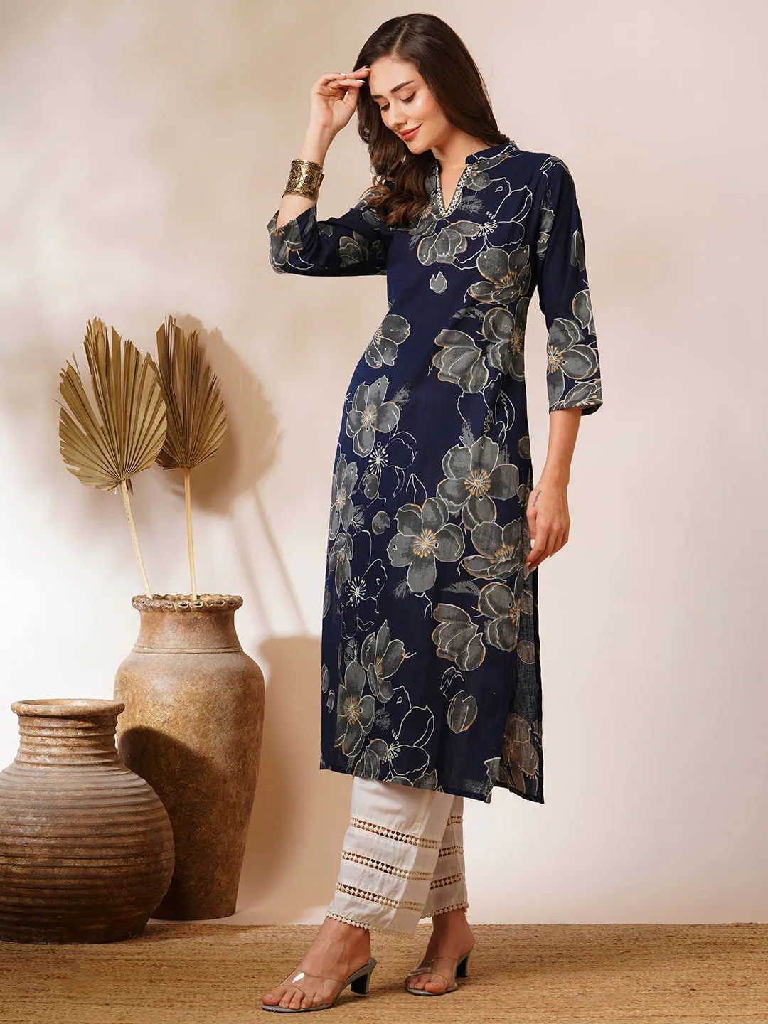 Abstract Floral Printed Straight Fit Kurta - Navy Blue