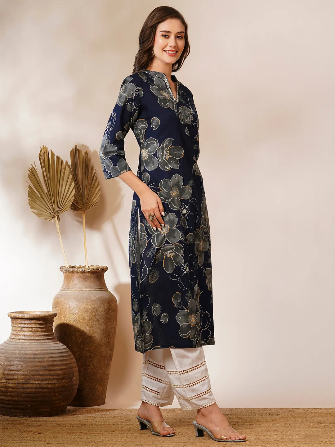 Abstract Floral Printed Straight Fit Kurta - Navy Blue