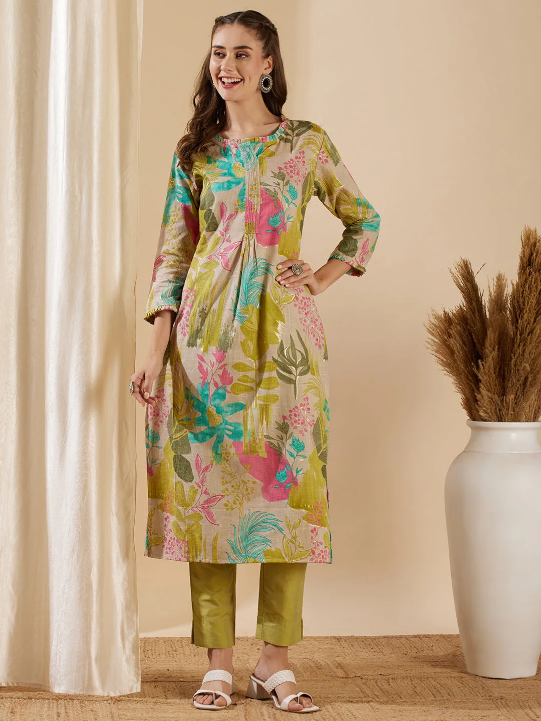 Abstract Floral Printed Straight Fit Kurta - Taupe