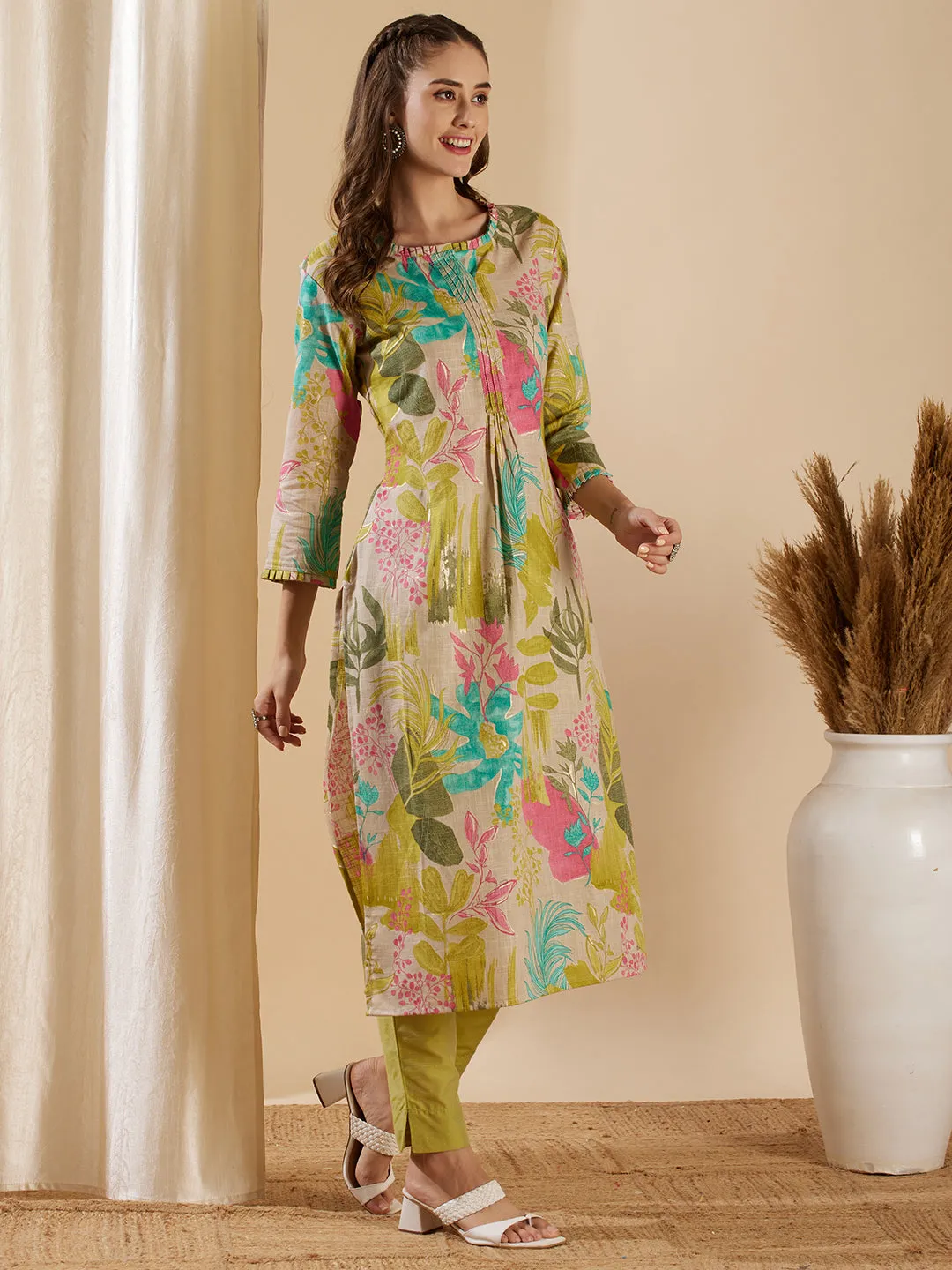 Abstract Floral Printed Straight Fit Kurta - Taupe