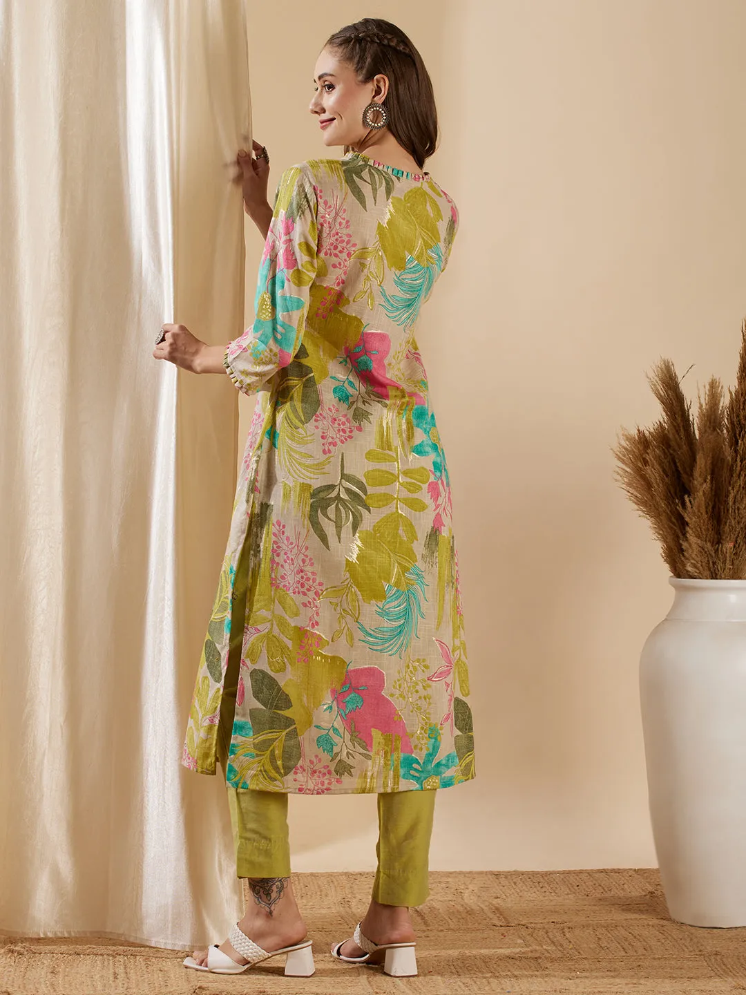 Abstract Floral Printed Straight Fit Kurta - Taupe