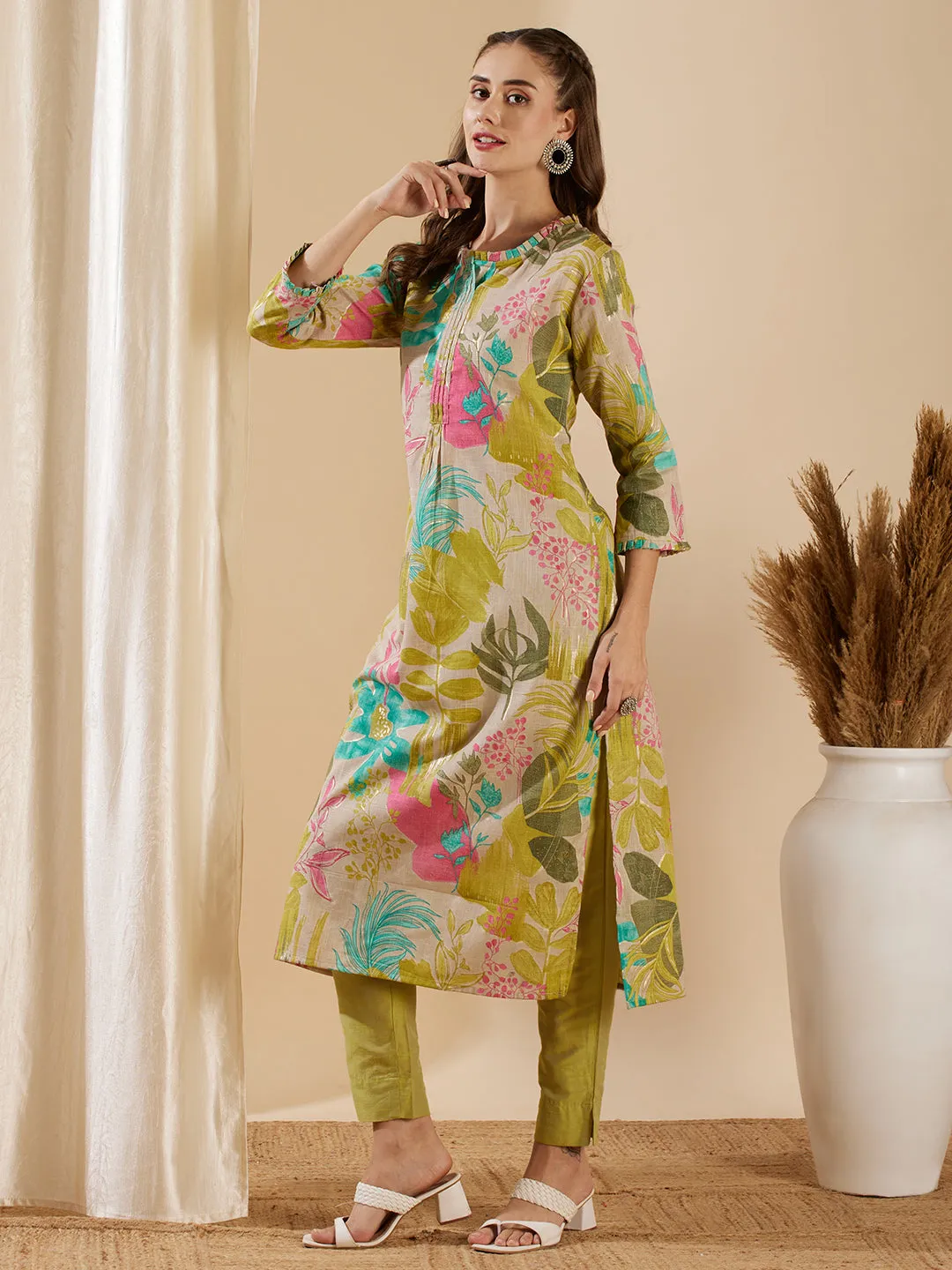 Abstract Floral Printed Straight Fit Kurta - Taupe