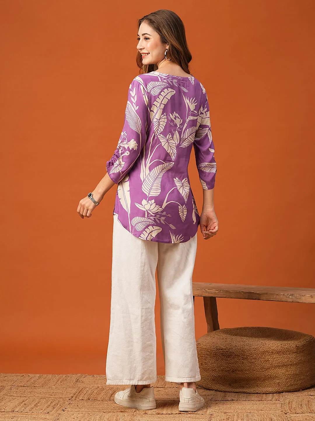 Abstract Floral Printed Straight Fit Kurti - Purple