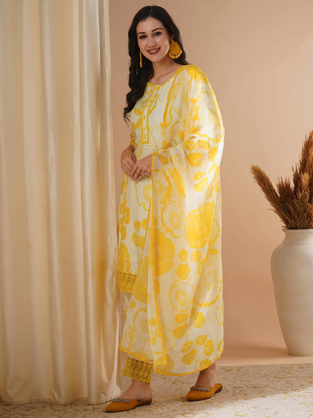 Abstract Floral Printed Straight Kurta with Pant & Dupatta - Yellow