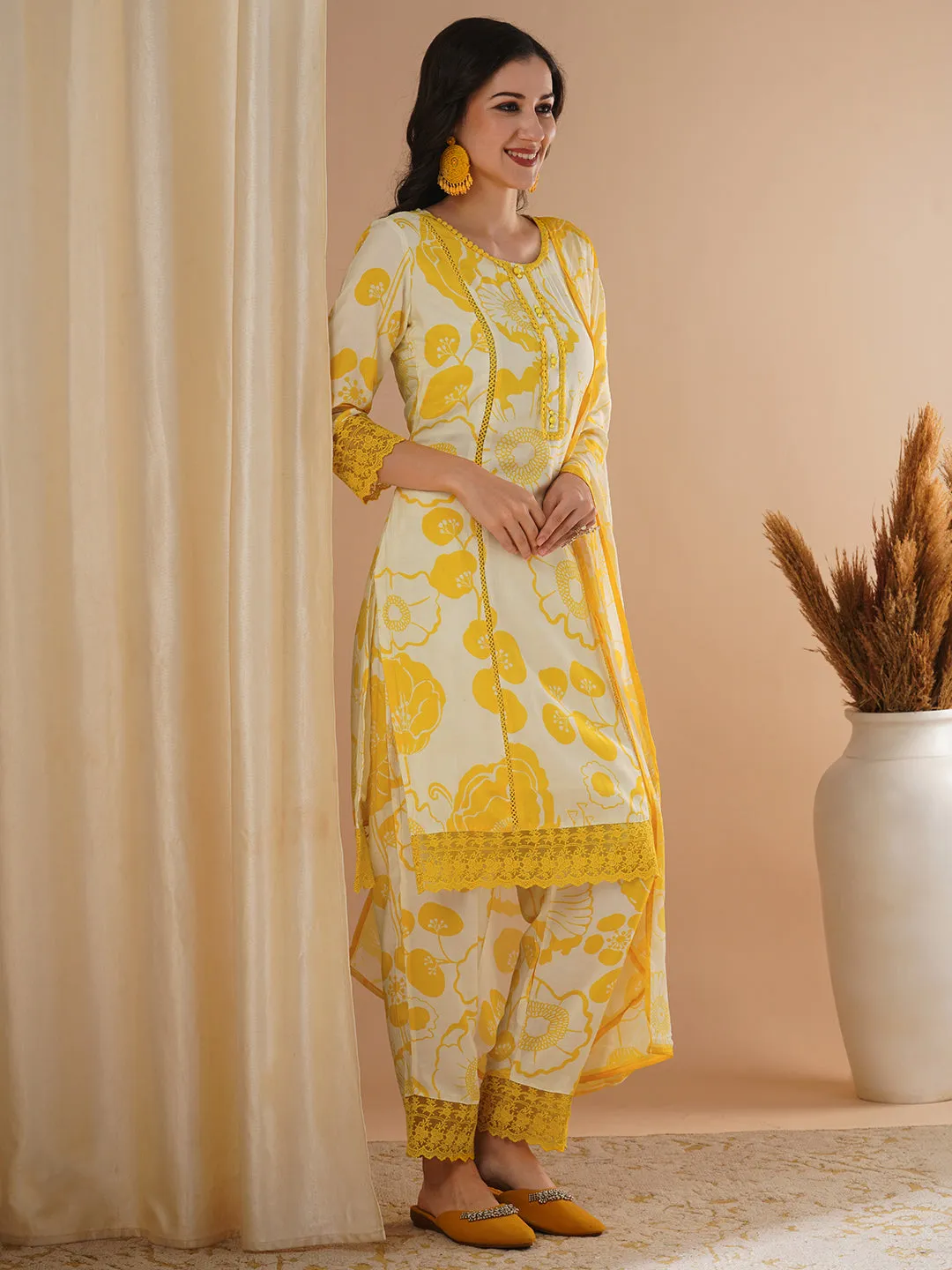 Abstract Floral Printed Straight Kurta with Pant & Dupatta - Yellow