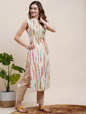 Abstract Foil Printed Resham, Zari & Sequins Embroidered Kurta - Off White