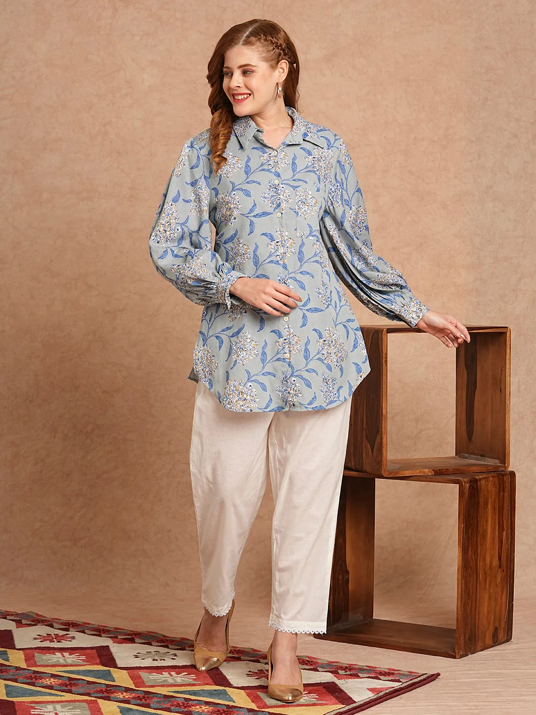 Abstract Foil Printed Straight Fit Shirt with Pant - Blue