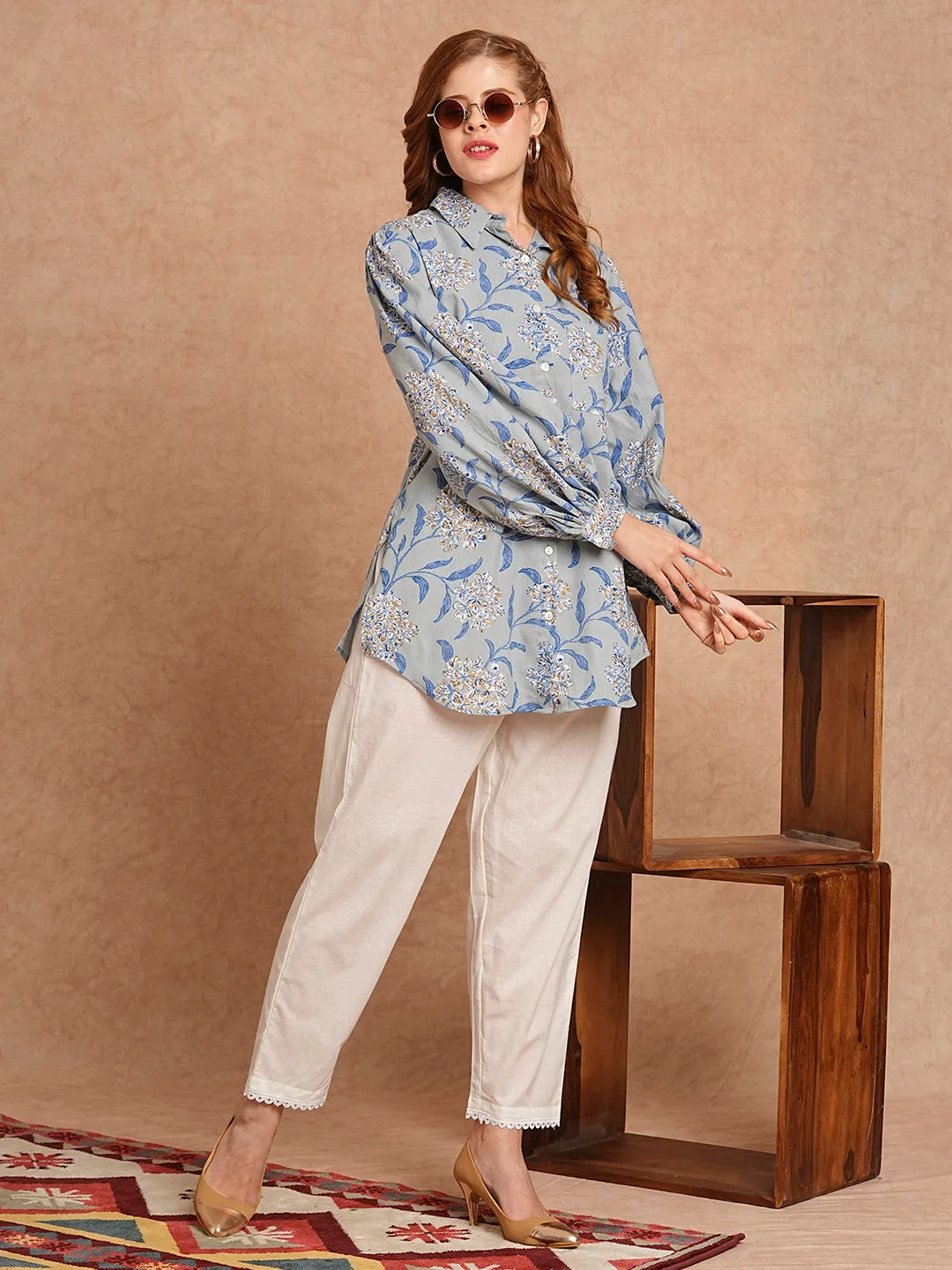 Abstract Foil Printed Straight Fit Shirt with Pant - Blue