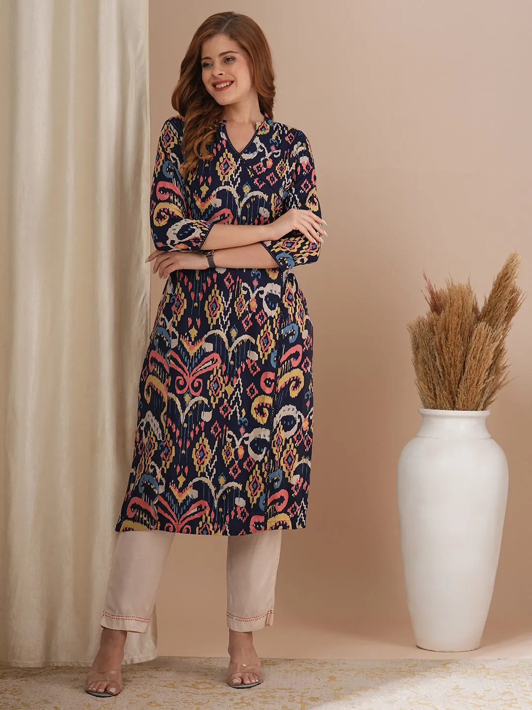 Abstract Ikat Printed Straight Fit Kurta - Navy Blue