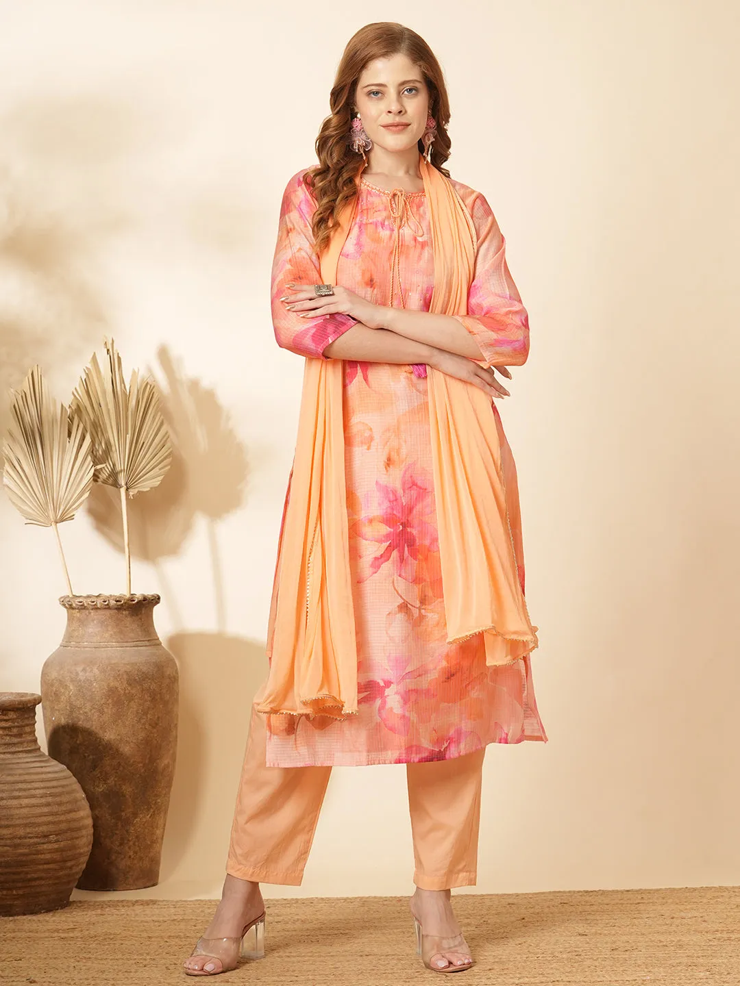 Abstract Printed & Hand Embroidered Straight Kurta with Pant & Dupatta - Peach