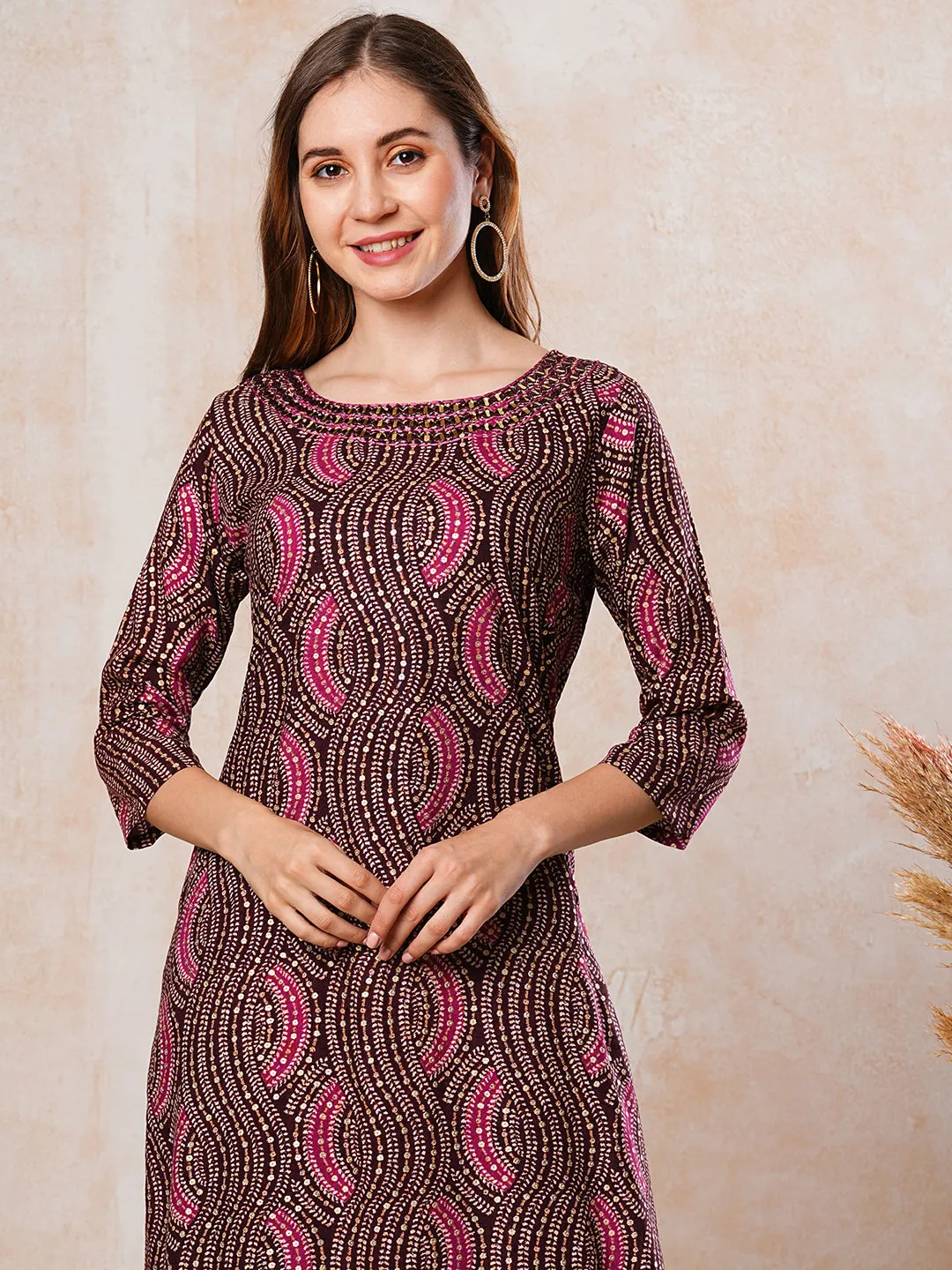 Abstract Printed Mirror & Resham Embroidered Kurta - Dark Mauve