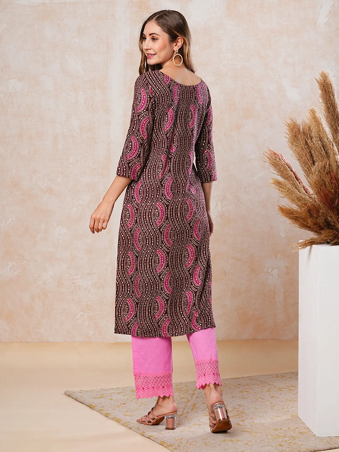 Abstract Printed Mirror & Resham Embroidered Kurta - Dark Mauve