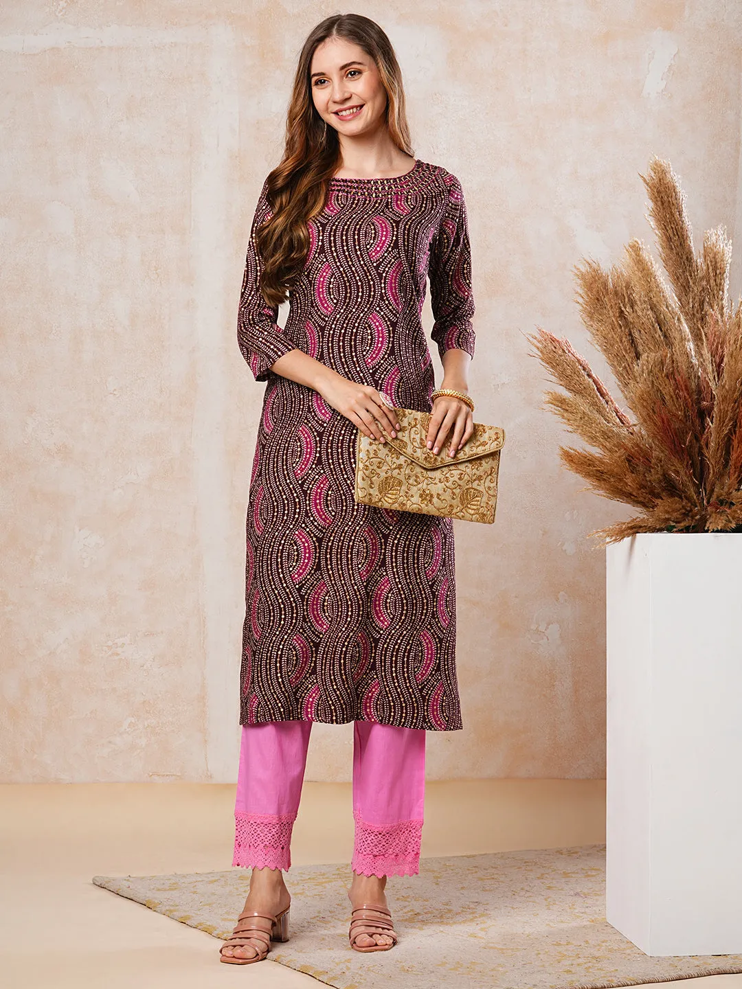 Abstract Printed Mirror & Resham Embroidered Kurta - Dark Mauve