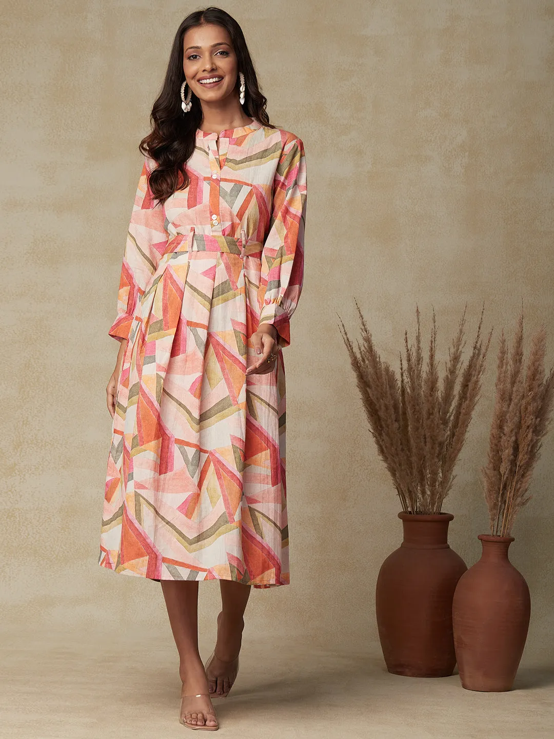 Abstract Printed Mother-of-Pearl Buttoned Pleated Dress with Printed Tie-up Waist Belt - Orange