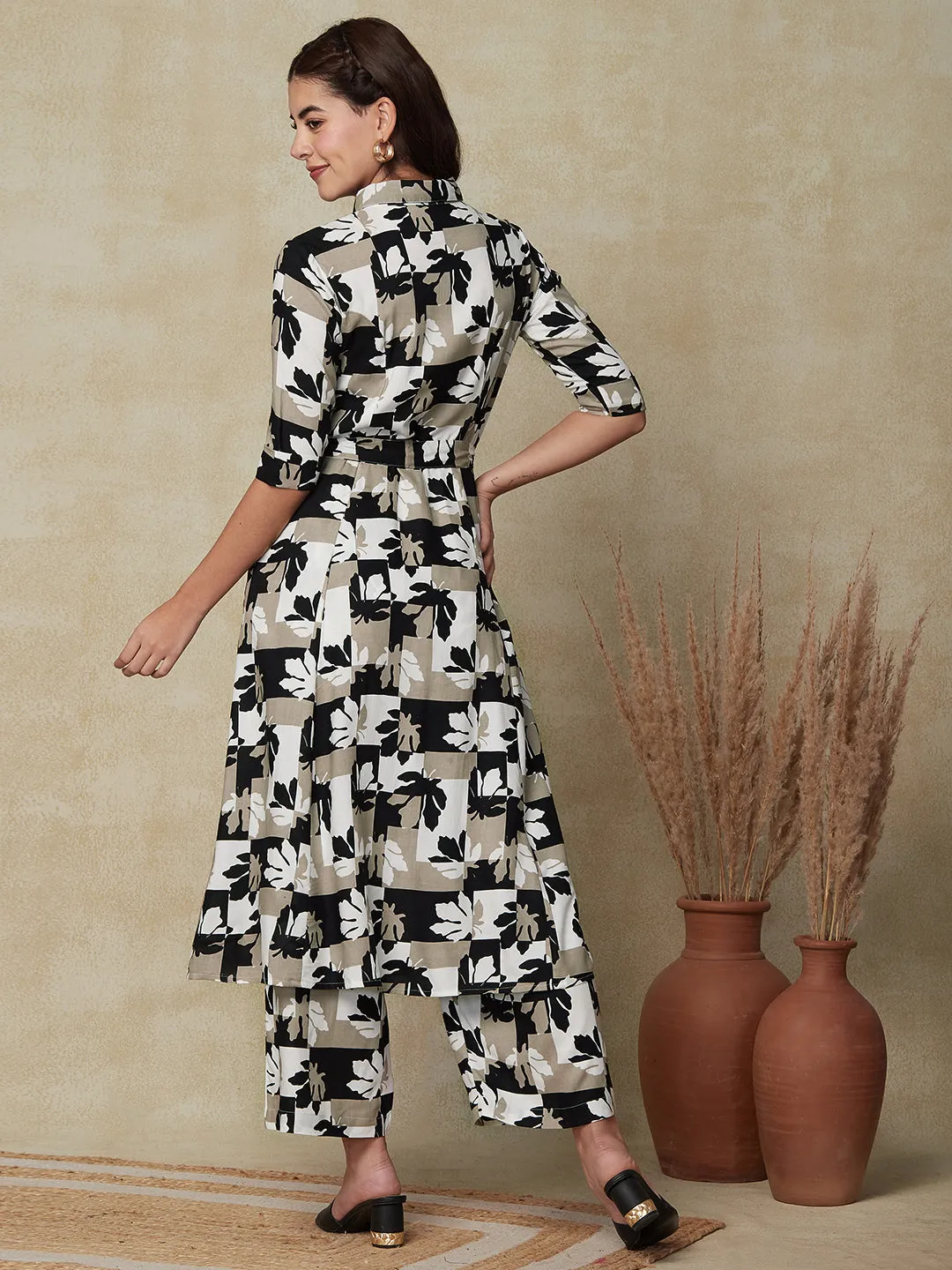 Abstract Printed Paneled A-line Kurta with Waist Belt & Palazzo - White & Black