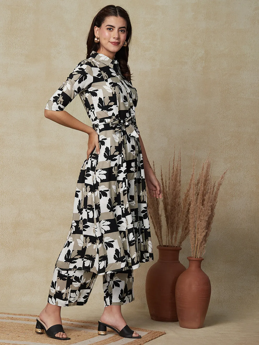 Abstract Printed Paneled A-line Kurta with Waist Belt & Palazzo - White & Black