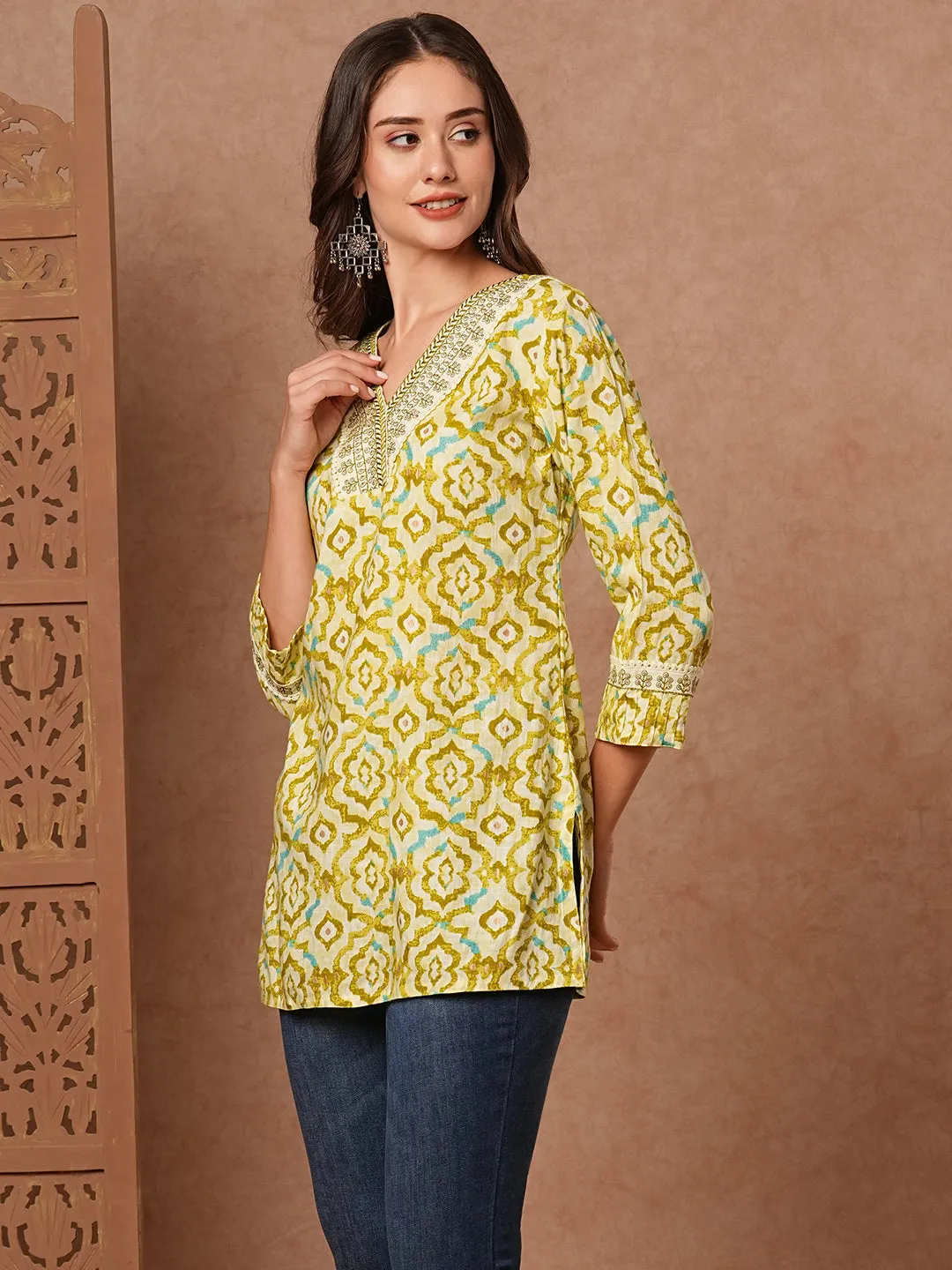 Abstract Printed Resham & Sequins Embroidered Kurti - Lime Green