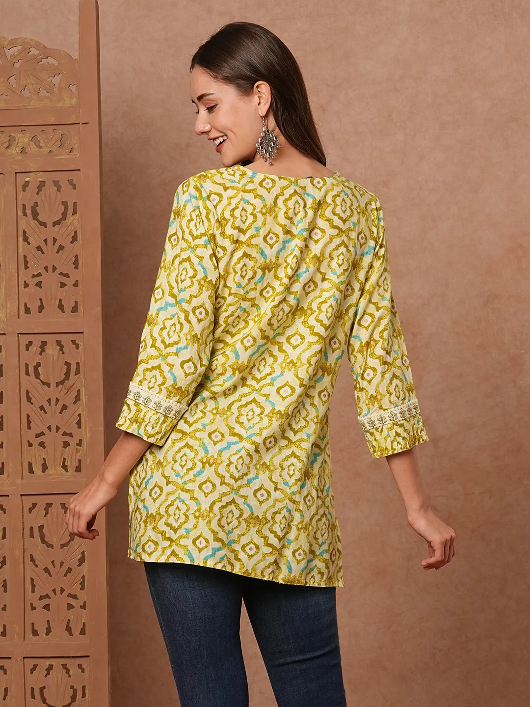 Abstract Printed Resham & Sequins Embroidered Kurti - Lime Green