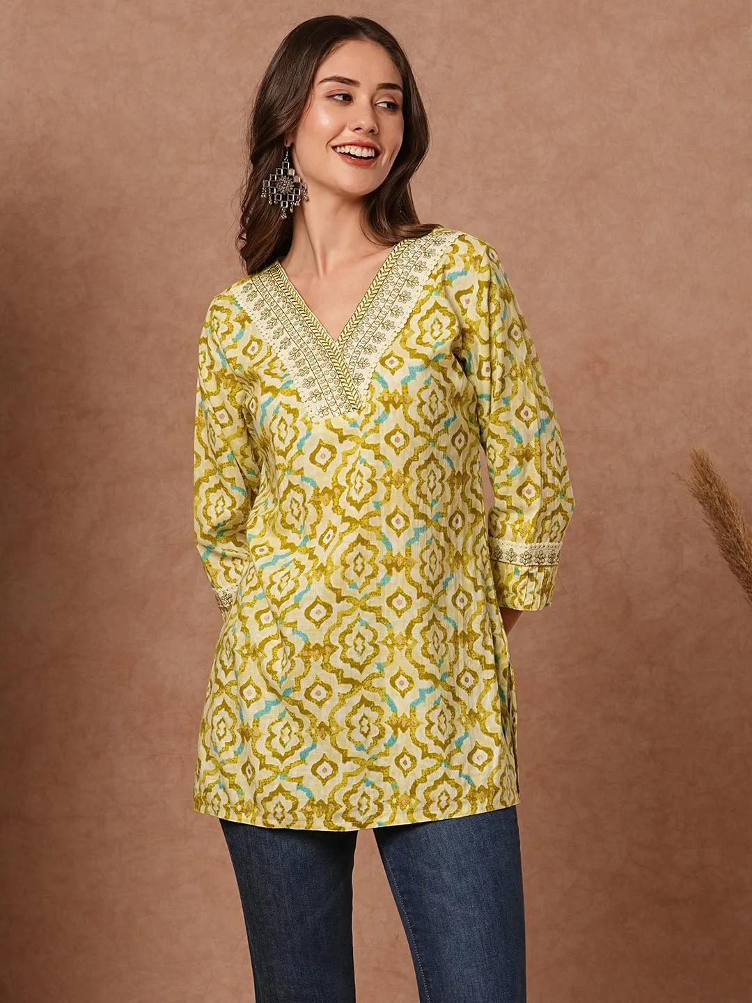 Abstract Printed Resham & Sequins Embroidered Kurti - Lime Green