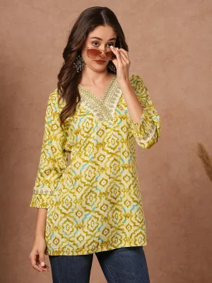 Abstract Printed Resham & Sequins Embroidered Kurti - Lime Green