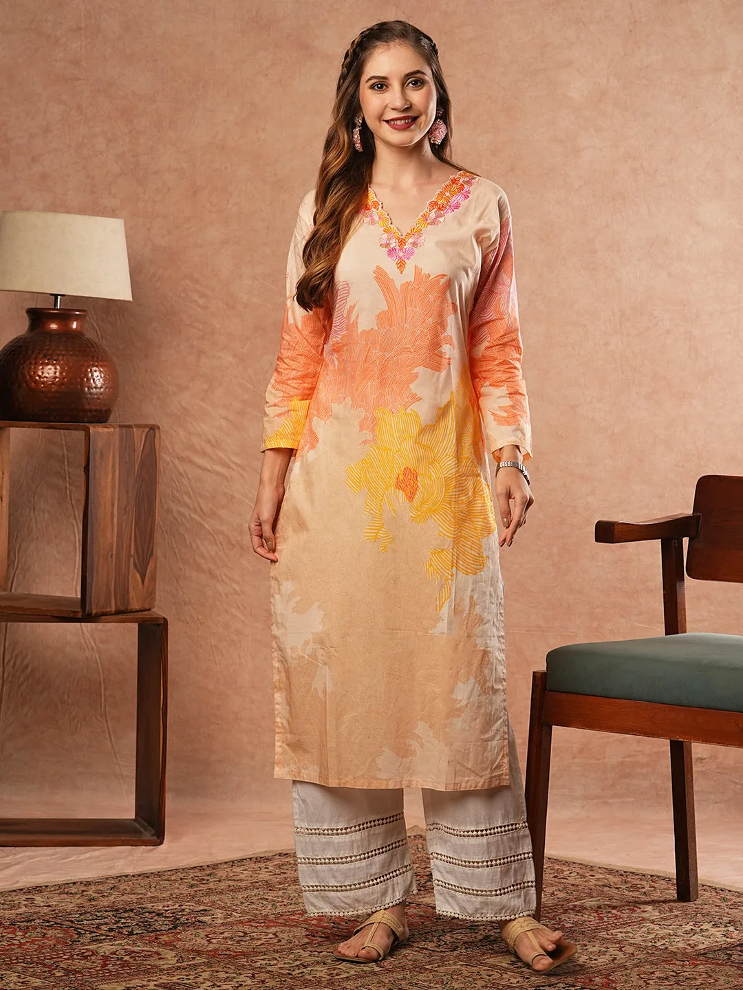 Abstract Printed Resham Embroidered Kurta - Peach & Multi