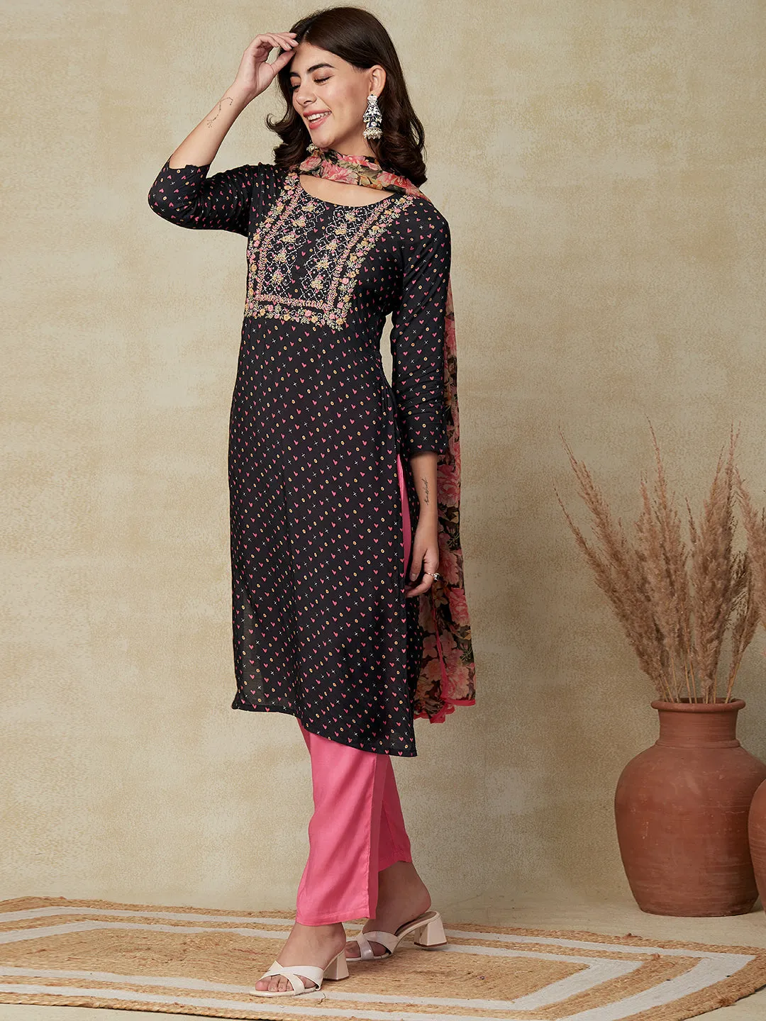 Abstract Printed Resham Embroidered Kurta with Pants & Floral Dupatta - Black