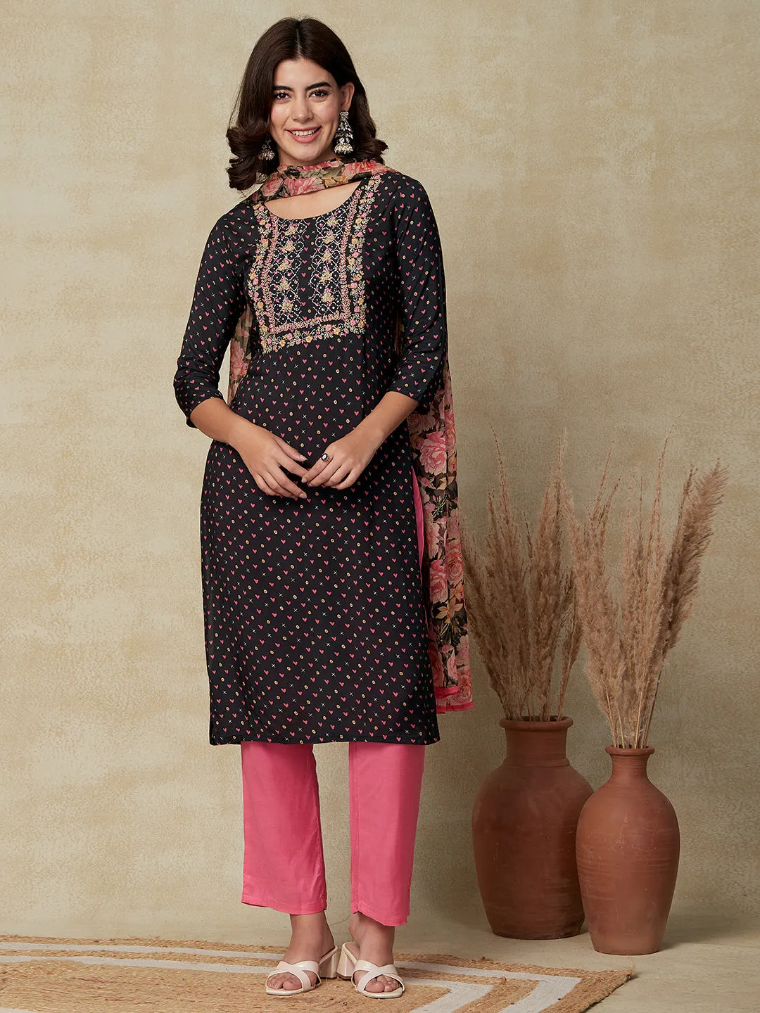 Abstract Printed Resham Embroidered Kurta with Pants & Floral Dupatta - Black