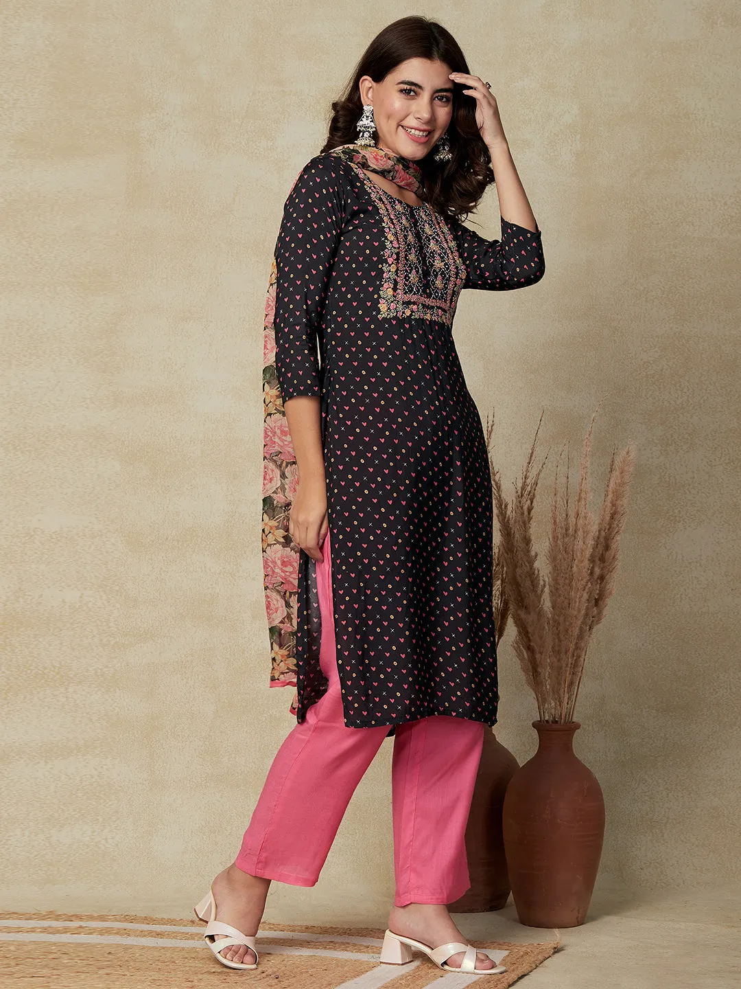 Abstract Printed Resham Embroidered Kurta with Pants & Floral Dupatta - Black