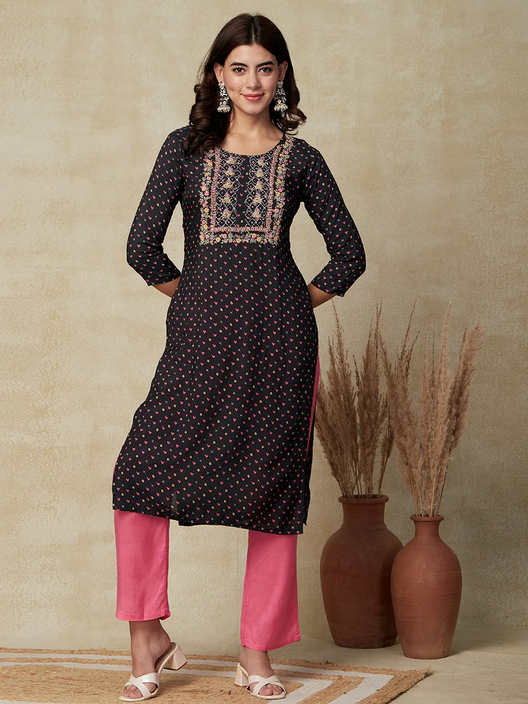 Abstract Printed Resham Embroidered Kurta with Pants & Floral Dupatta - Black