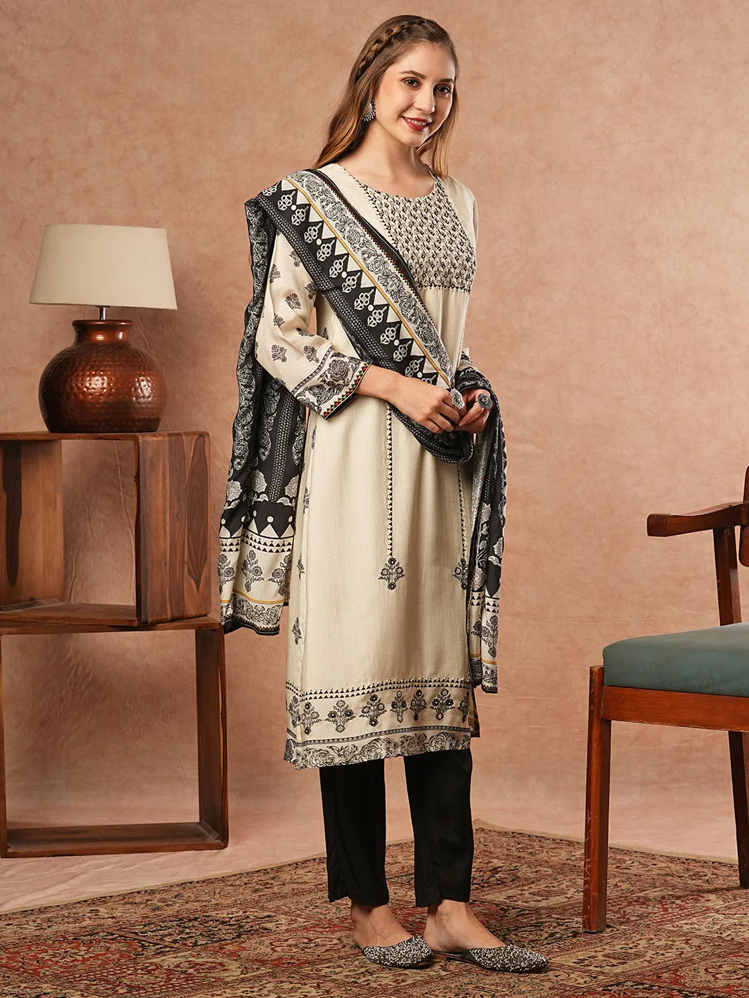 Abstract Printed Stone & Beads Embroidered Kurta with Pants & Dupatta - Off White