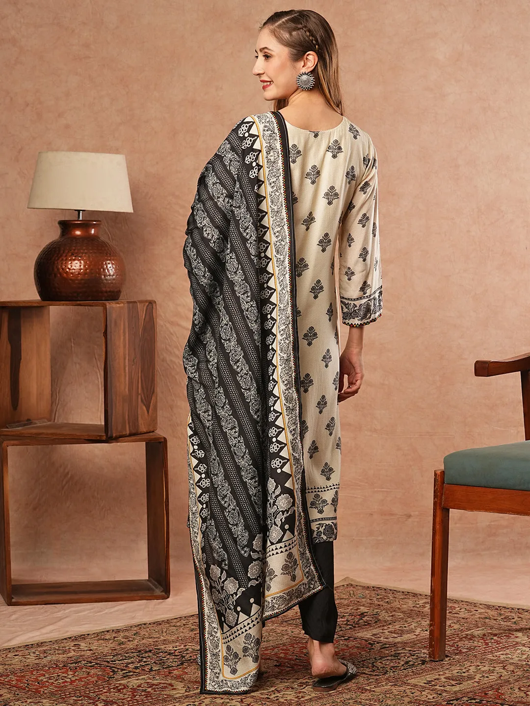 Abstract Printed Stone & Beads Embroidered Kurta with Pants & Dupatta - Off White