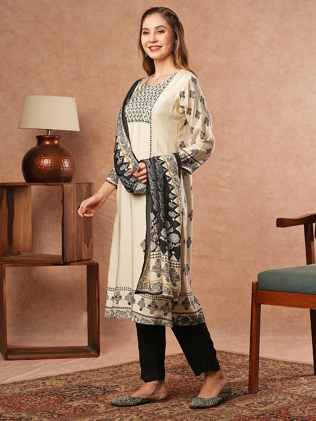 Abstract Printed Stone & Beads Embroidered Kurta with Pants & Dupatta - Off White