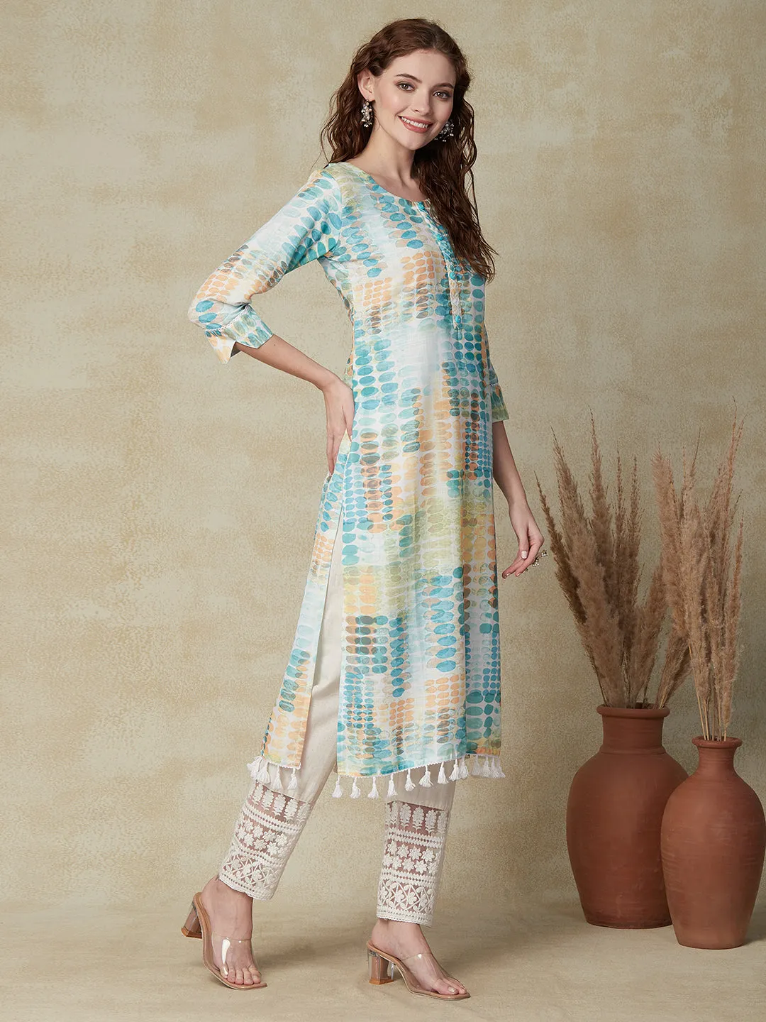 Abstract Printed Straight Fit Kurta - Sea Green